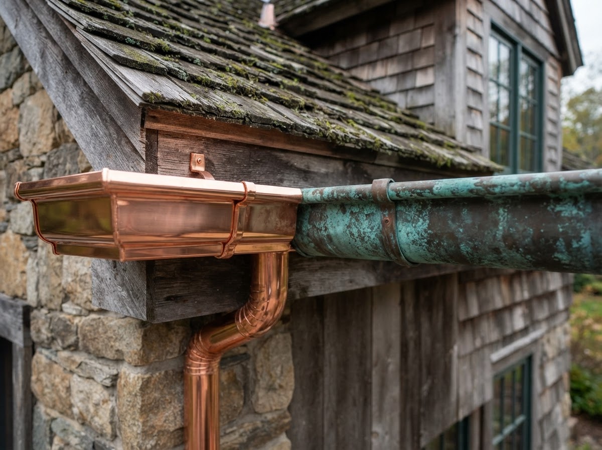 Natural copper gutter patina and finish variation