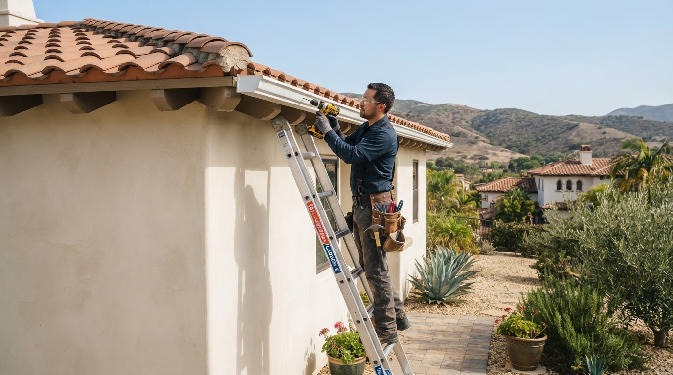 Gutter installer working on a tile-roof home in Temescal Valley California