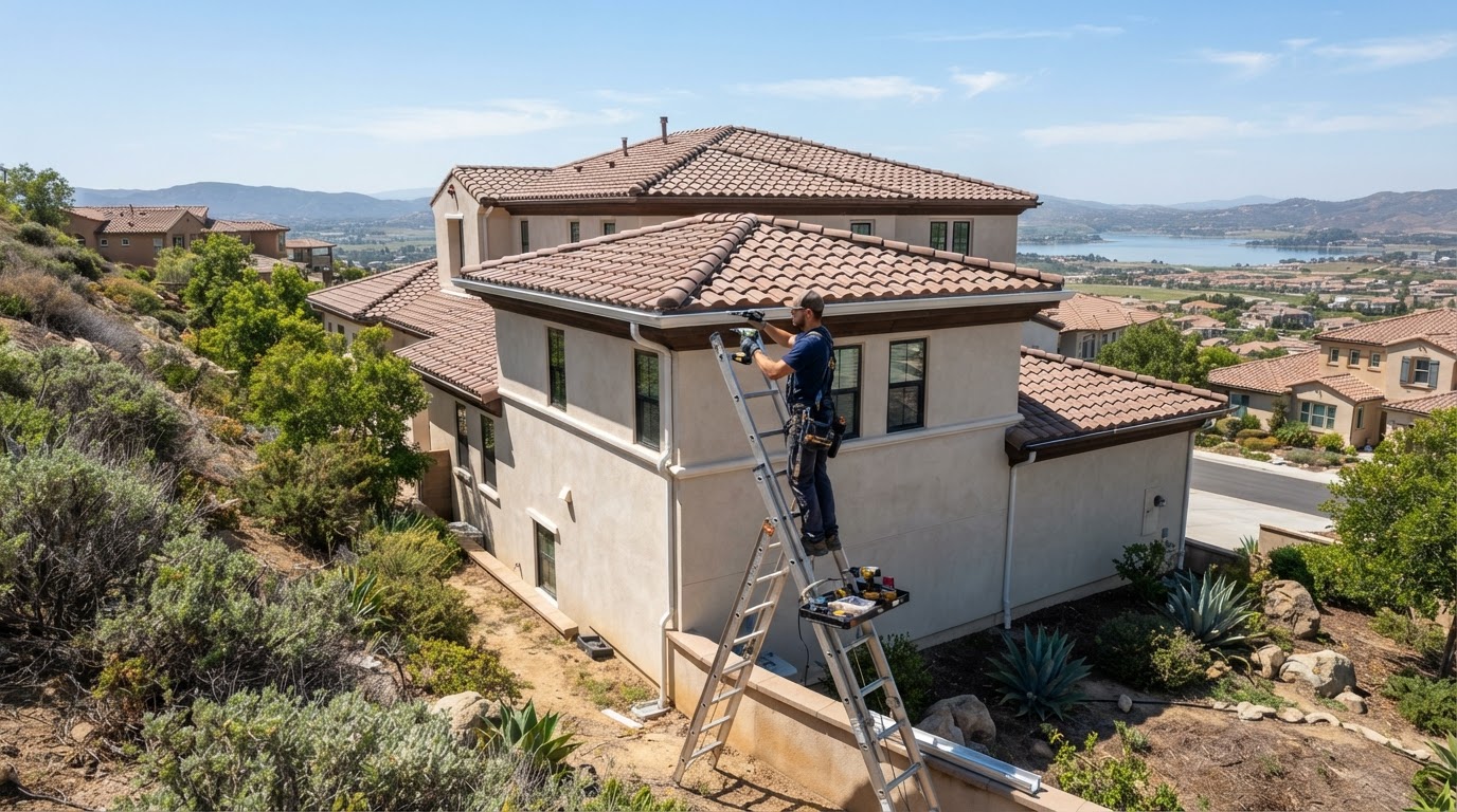 Gutter installation on a Lake Elsinore California hillside home