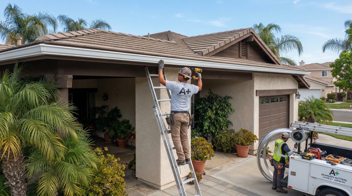 Seamless gutter installation on a Perris California home