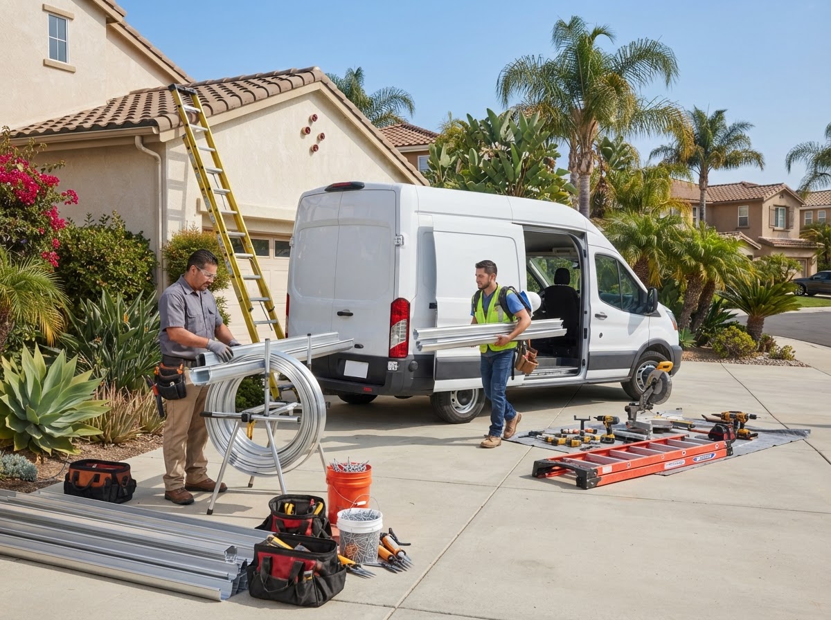 Insured gutter service crew preparing for residential work