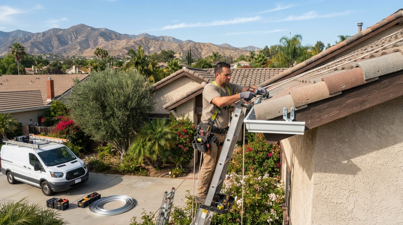 Gutter installation on a Riverside California home