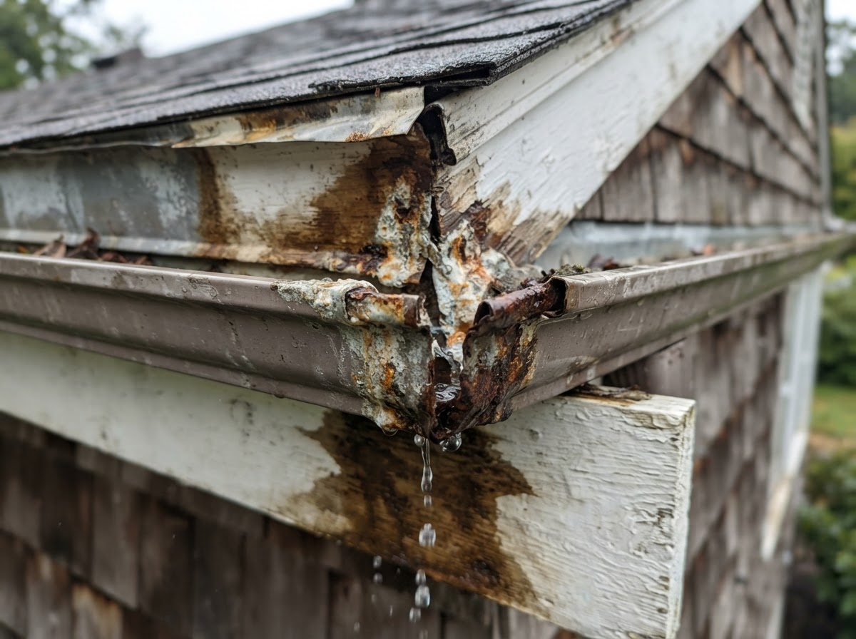 Leaking residential gutter joint requiring repair in Riverside