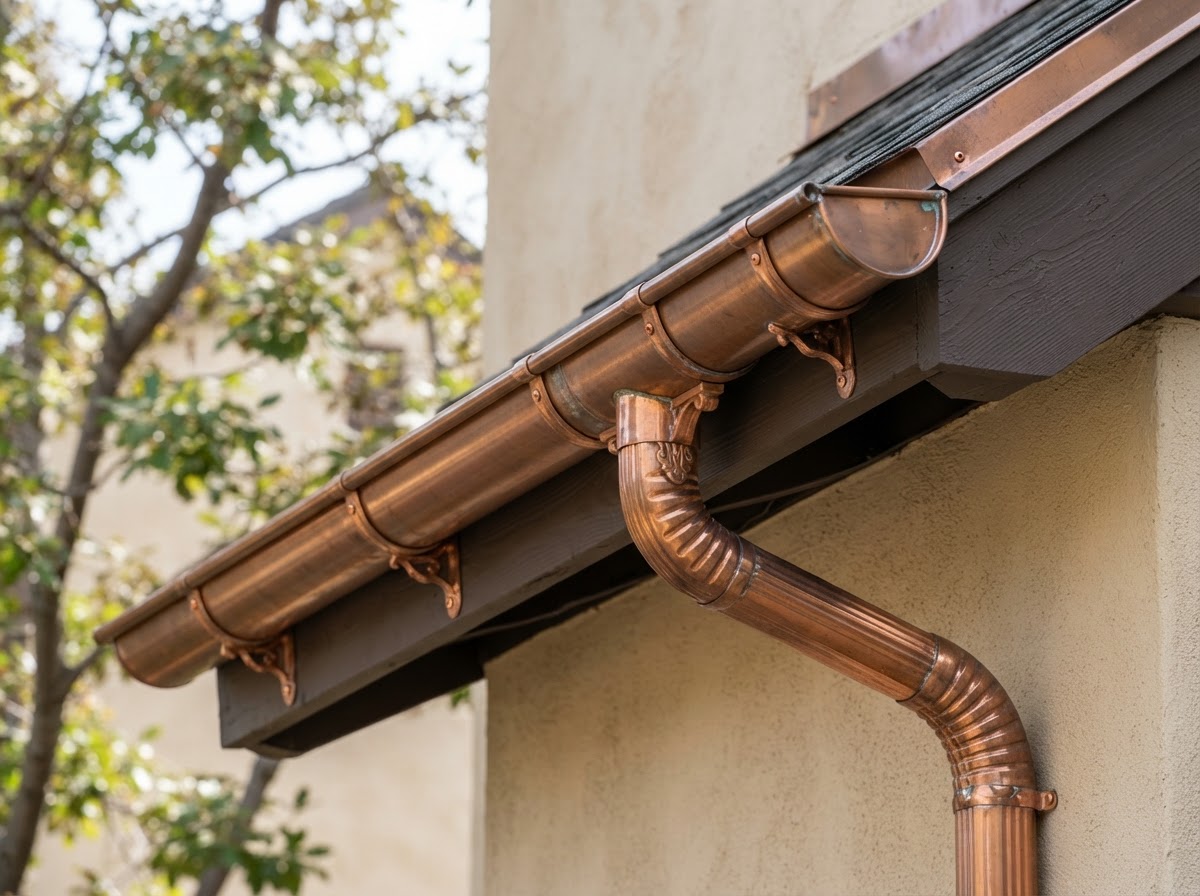 Half-round copper rain gutter detail