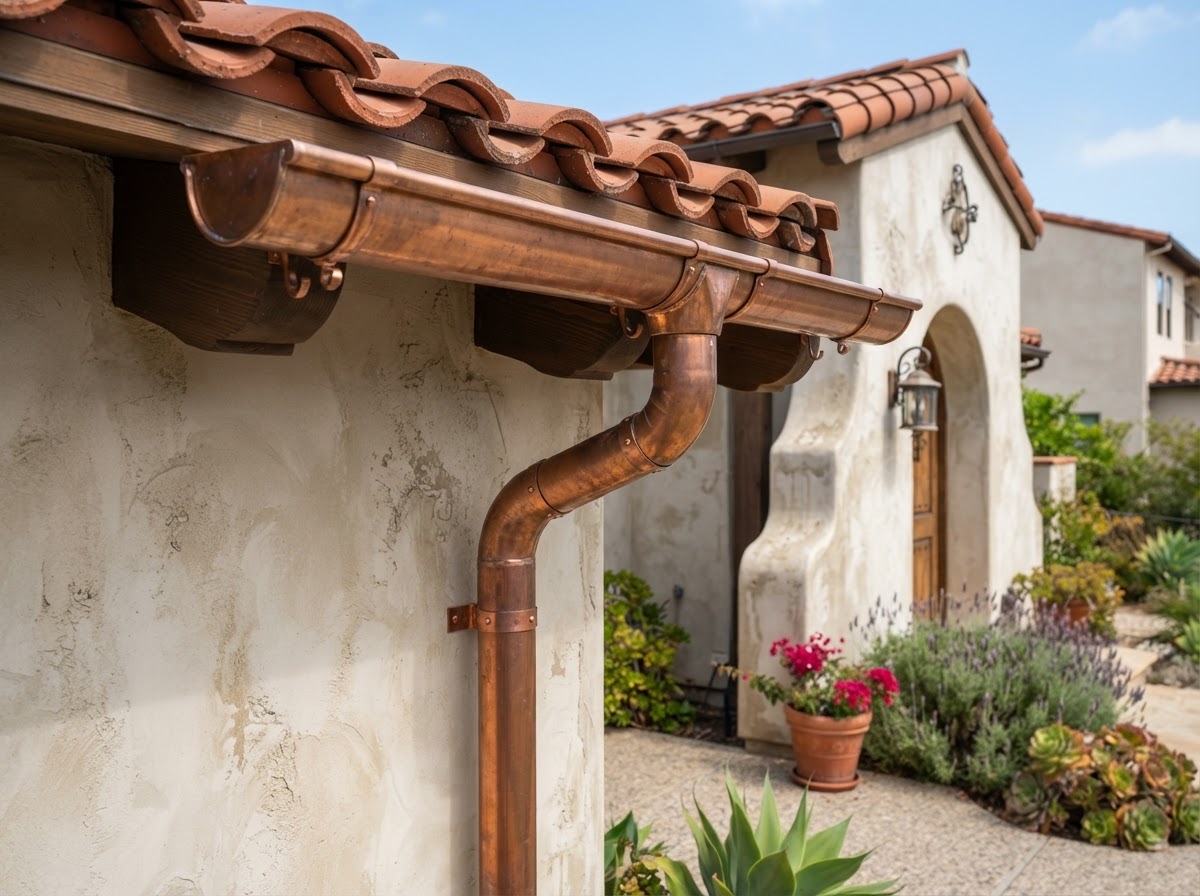 Copper rain gutter installation detail