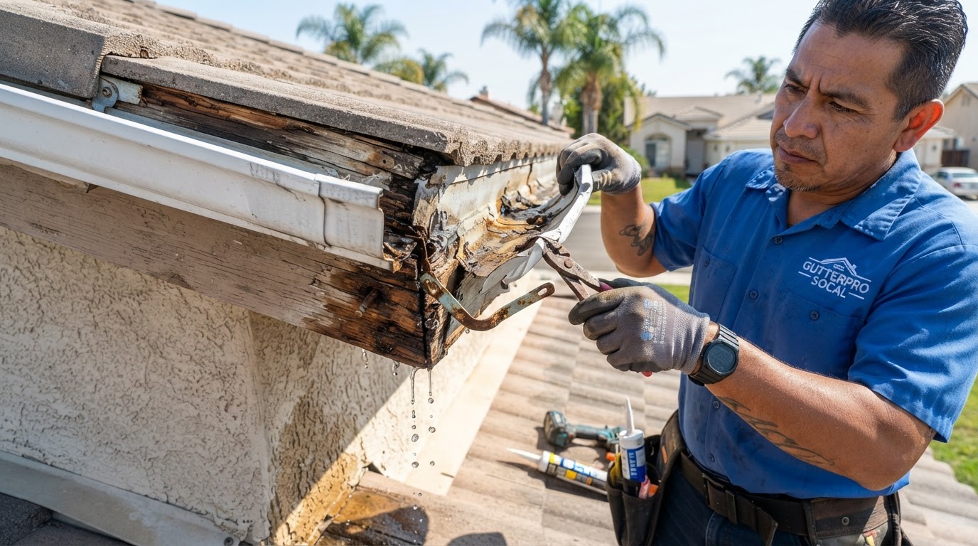 Gutter repair on a Perris California residential home