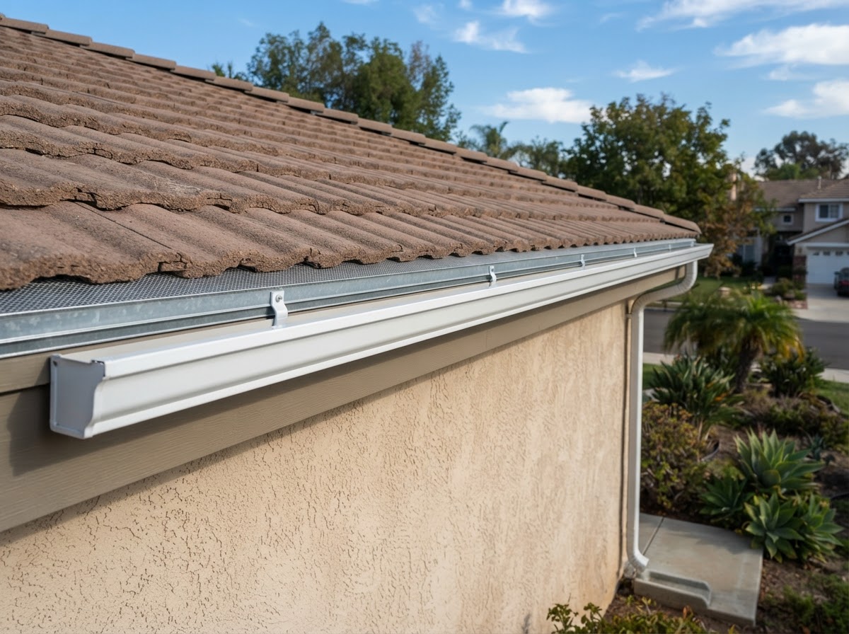 Long seamless aluminum gutter run fitted to a Corona residential roofline
