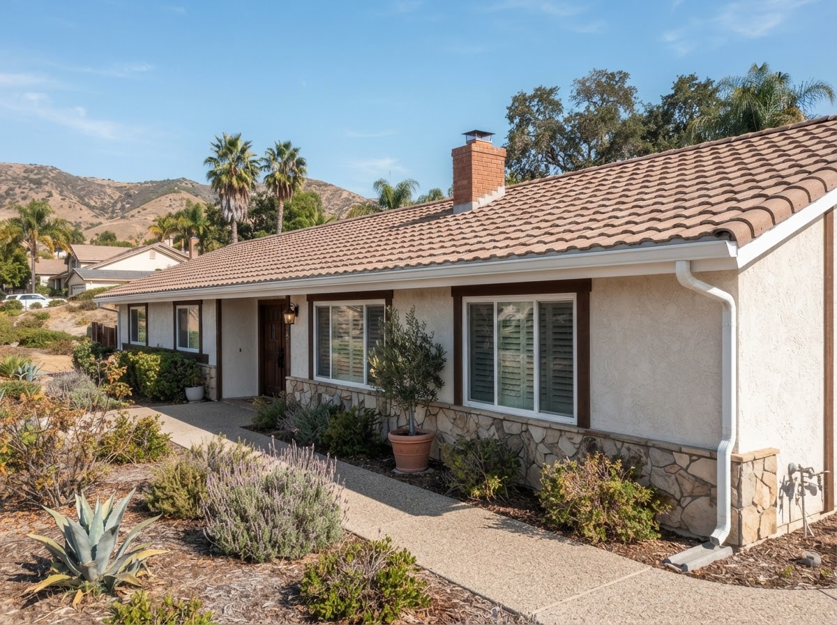 Long seamless aluminum gutter run on a Norco California ranch roofline