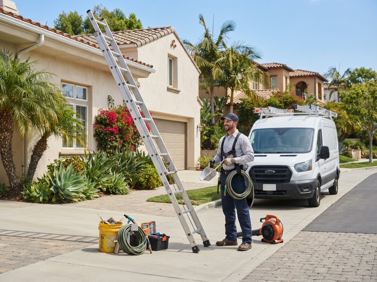 Insured gutter service professional preparing for residential work
