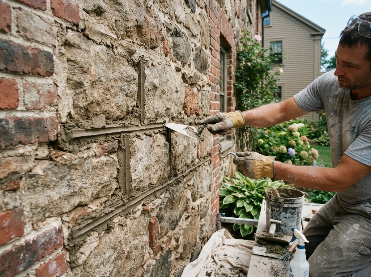 Fresh mortar joints being tooled during repointing on a Holliston masonry wall