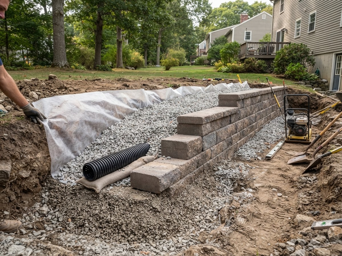 Retaining wall with drainage stone at a Bellingham MA property