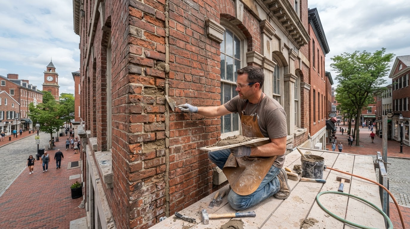 Repointing deteriorated mortar joints on brick masonry in Franklin Massachusetts