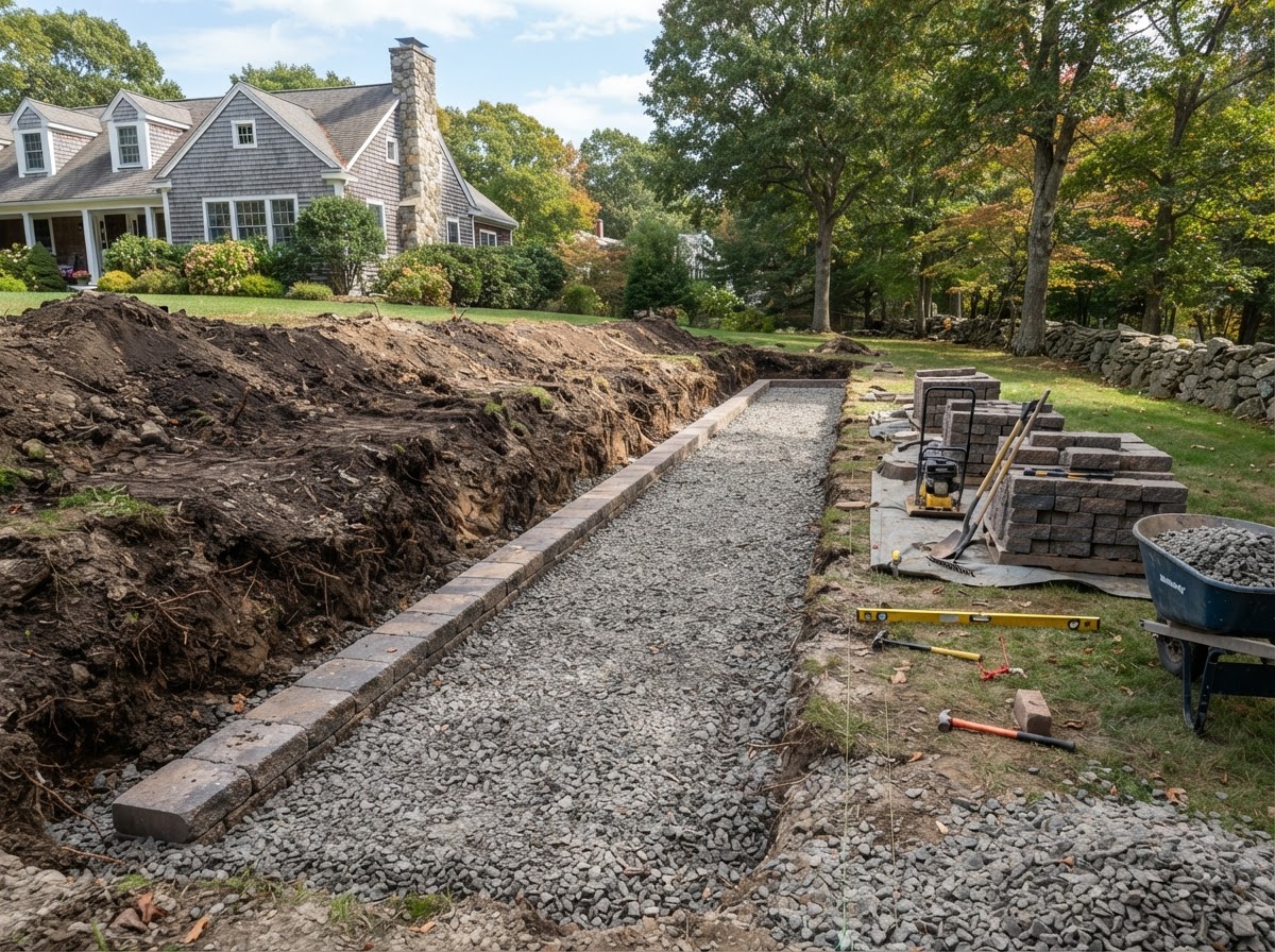 Prepared compacted base for a masonry retaining wall