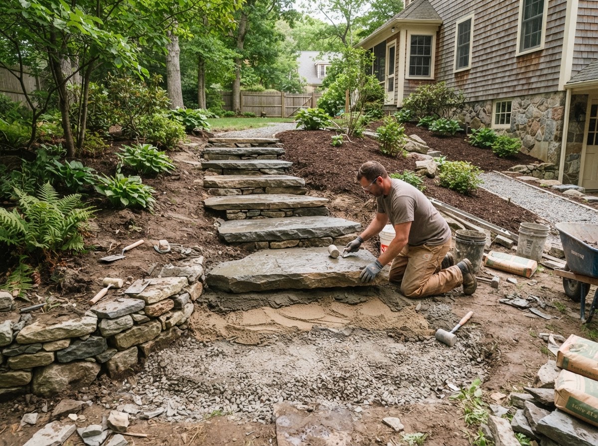 Natural stone landscape steps under construction at a Massachusetts home