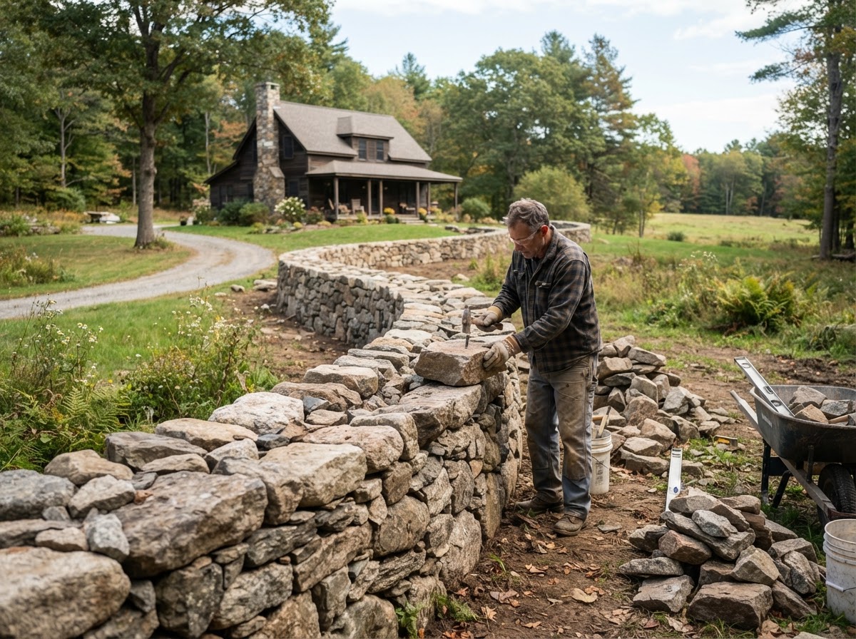 Traditional fieldstone wall construction at a rural Mendon Massachusetts residential property