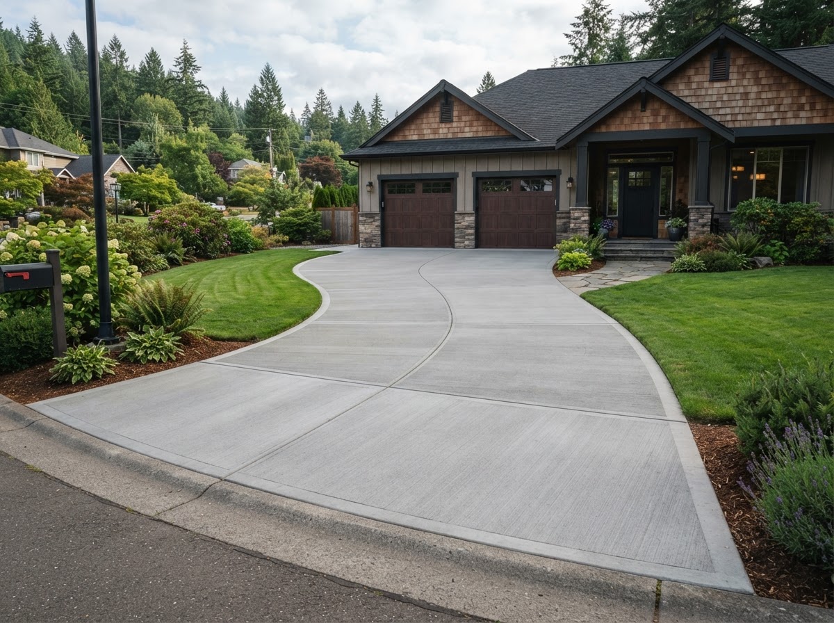 Finished broom-textured concrete driveway at a Bellingham area suburban home