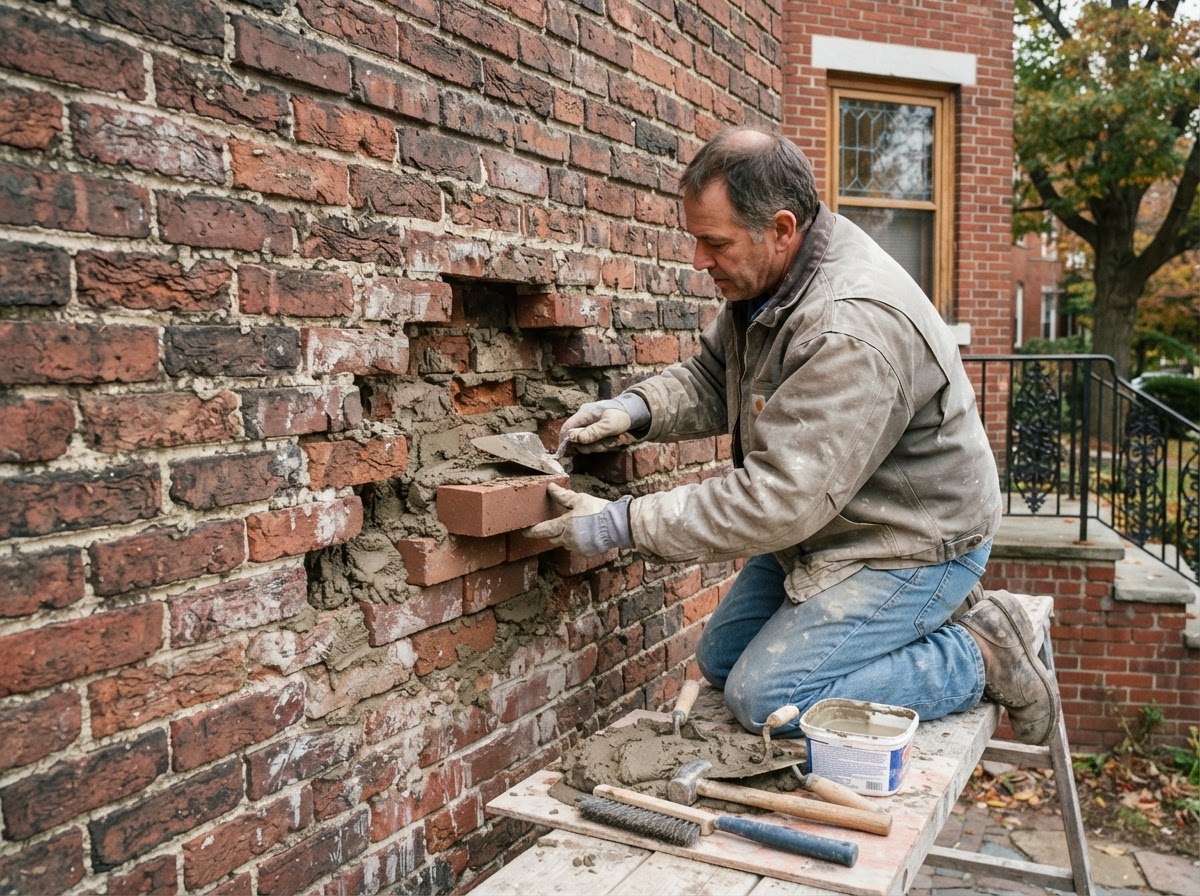 Replacement brick and mortar being installed on an older Hopedale residential masonry wall