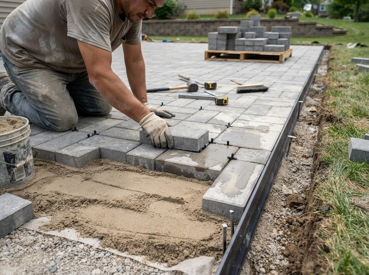 Concrete pavers being installed on a prepared patio base in Franklin