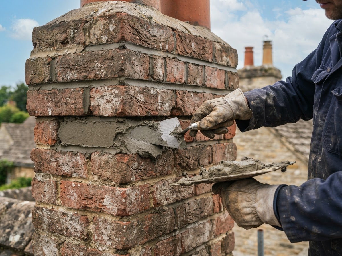 Repointing chimney mortar joints on a Milford area home
