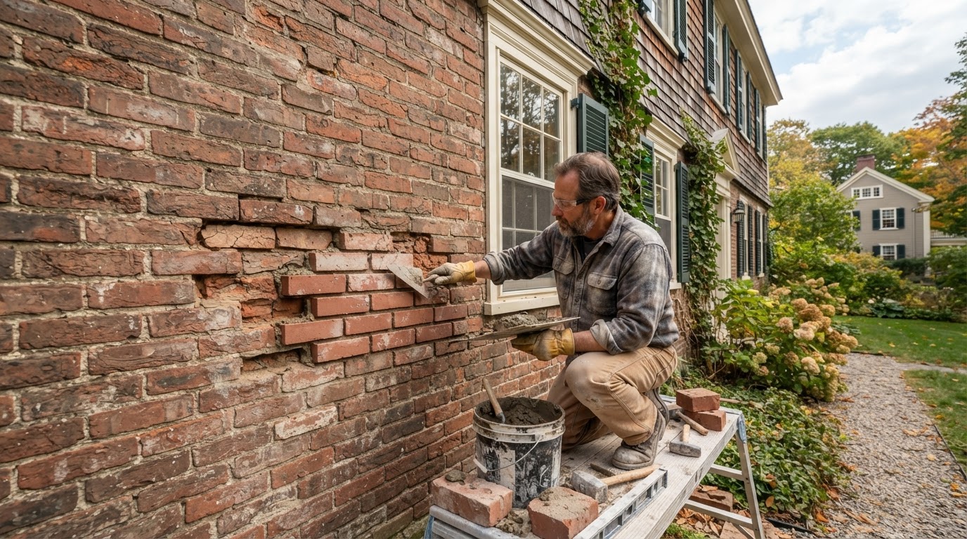 Brick repair on a residential masonry wall in Medway Massachusetts