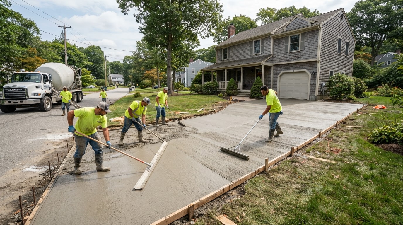 Concrete driveway installation at a Bellingham Massachusetts suburban property
