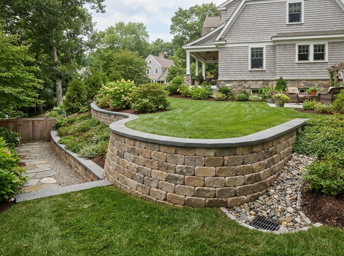 Finished retaining wall creating a usable grade transition in Medway