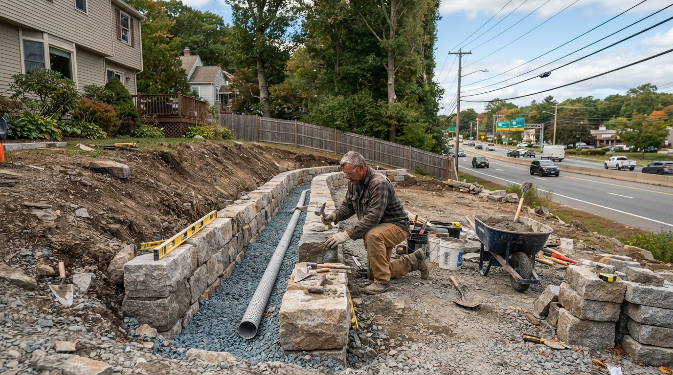 Mason installing a retaining wall with drainage stone at a Bellingham Massachusetts property