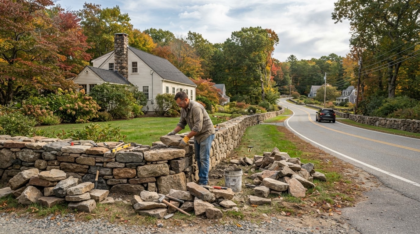 Stone wall installation at an Upton Massachusetts residential property