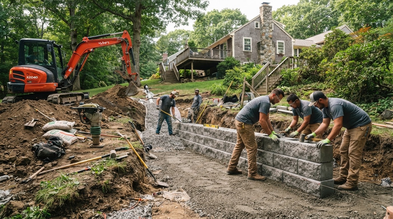 Retaining wall installation at a residential property in Medway Massachusetts