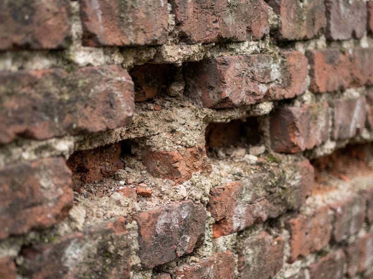 Deteriorated mortar joints before professional repointing