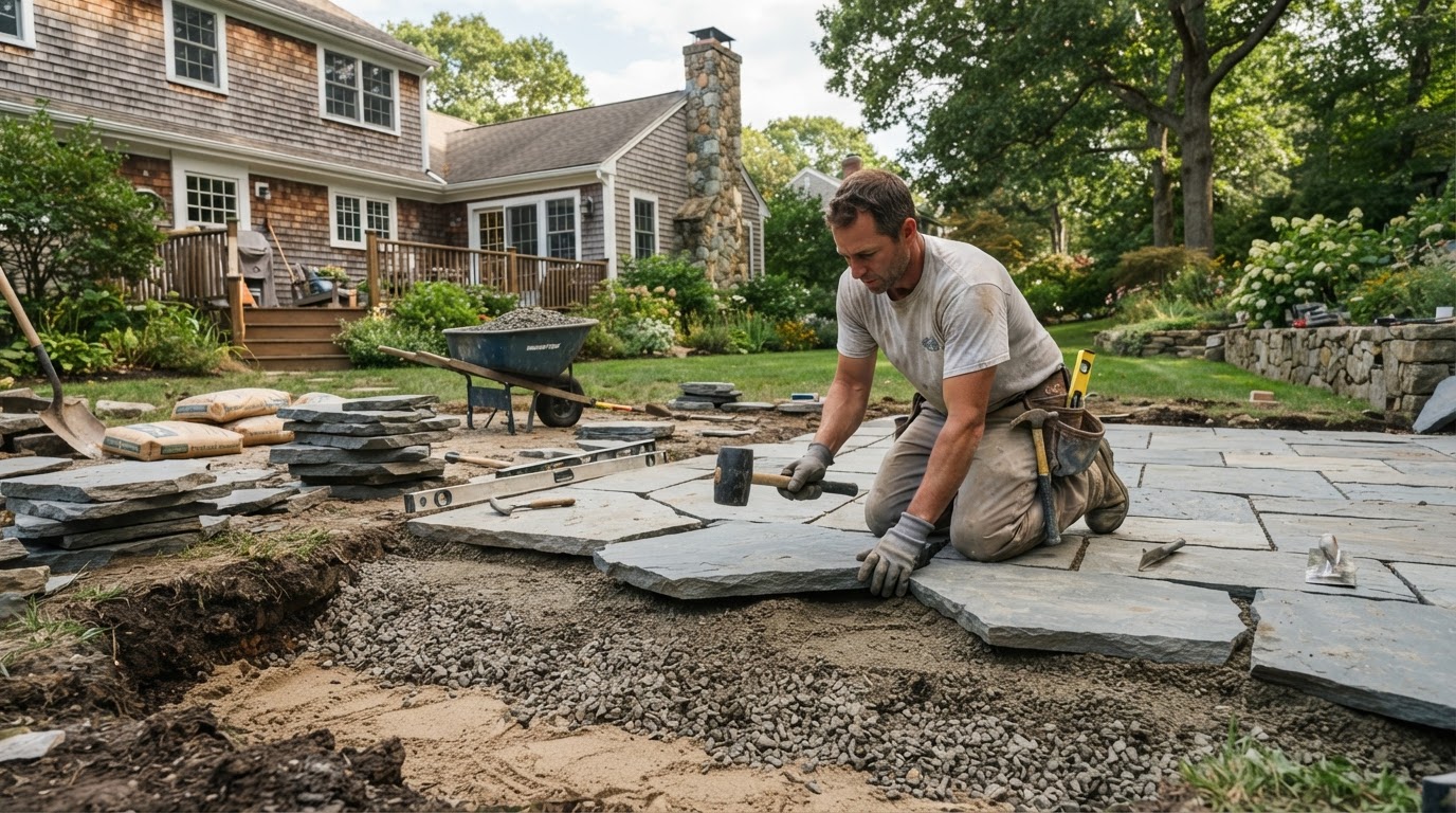 Patio installation at a residential property in Medway Massachusetts