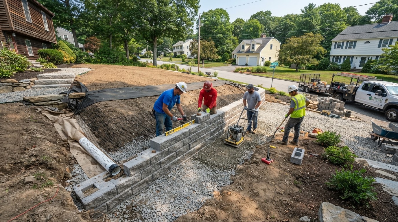 Retaining wall installation at a Bellingham Massachusetts suburban residential property