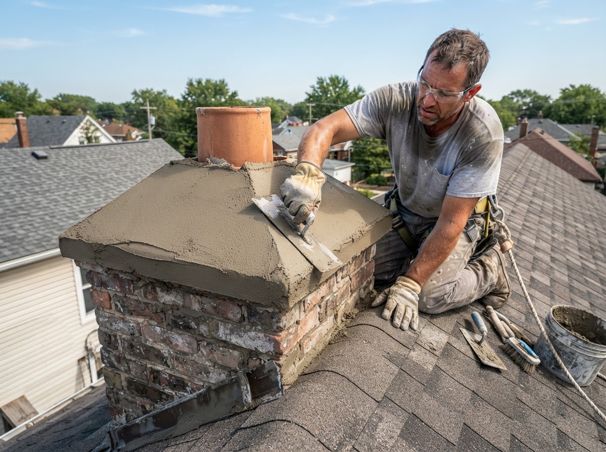 Chimney crown repair in progress on a Milford area home