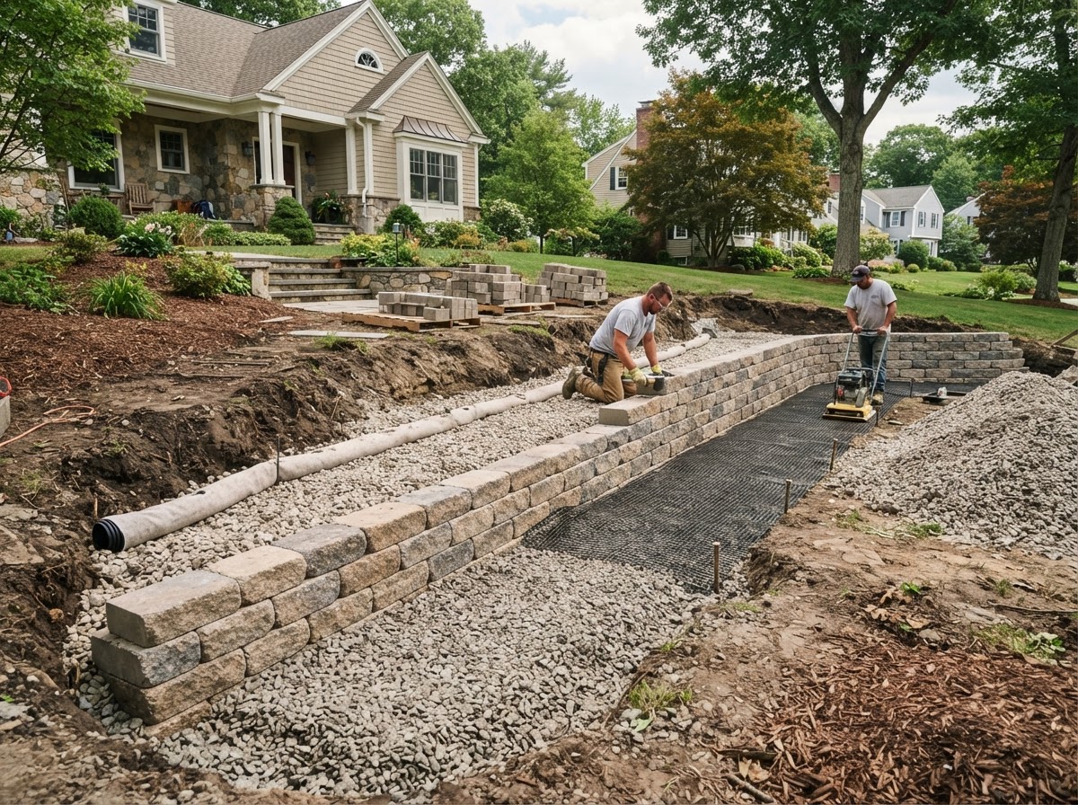 Retaining wall installation with drainage stone and compacted base