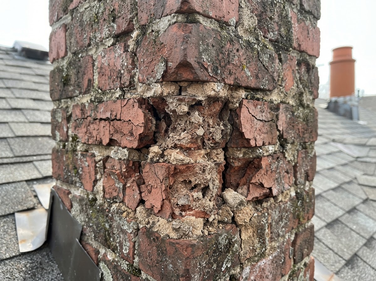 Damaged chimney brick requiring masonry repair in Medway MA