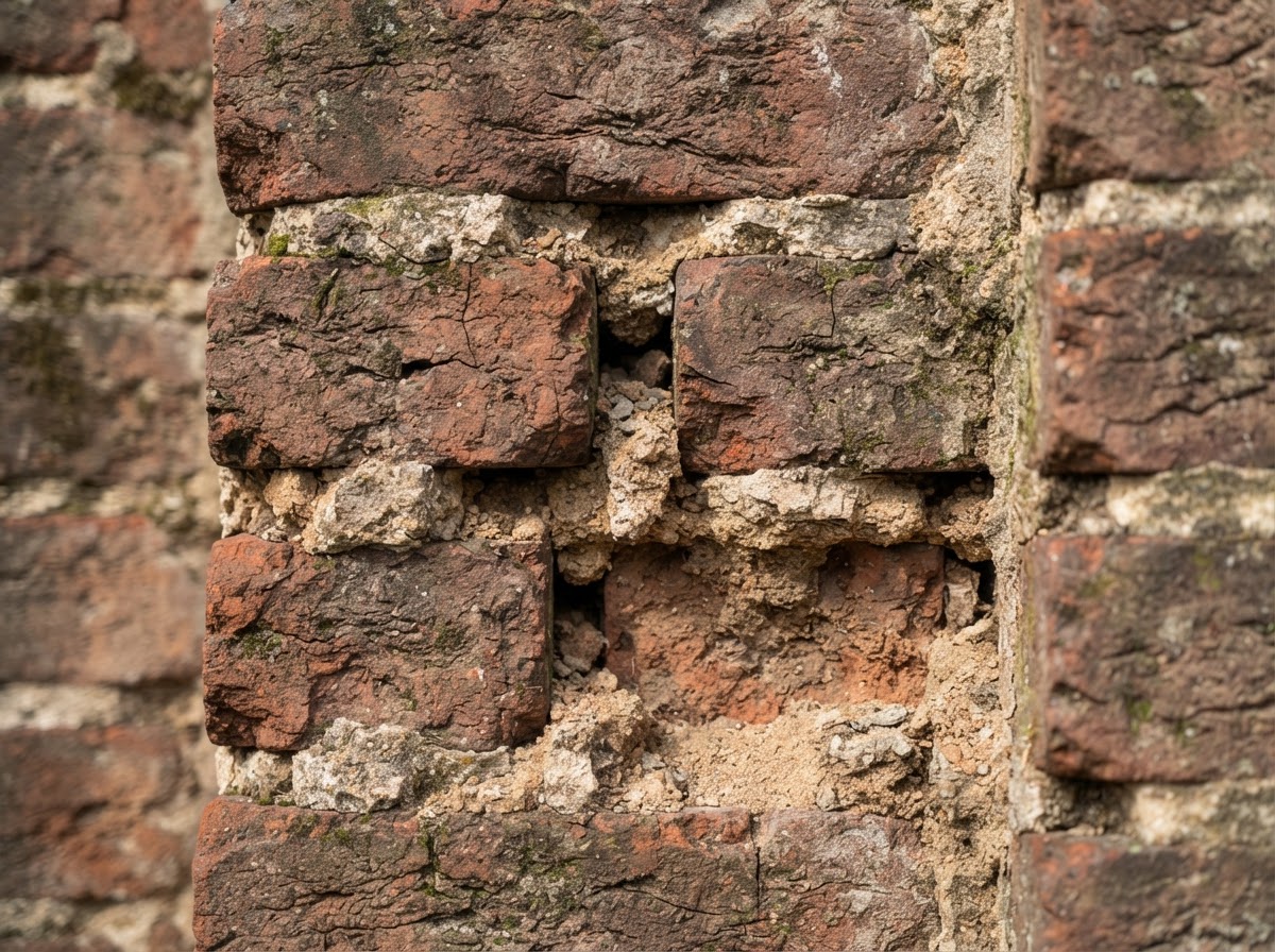 Deteriorated mortar joints before repointing on Franklin masonry
