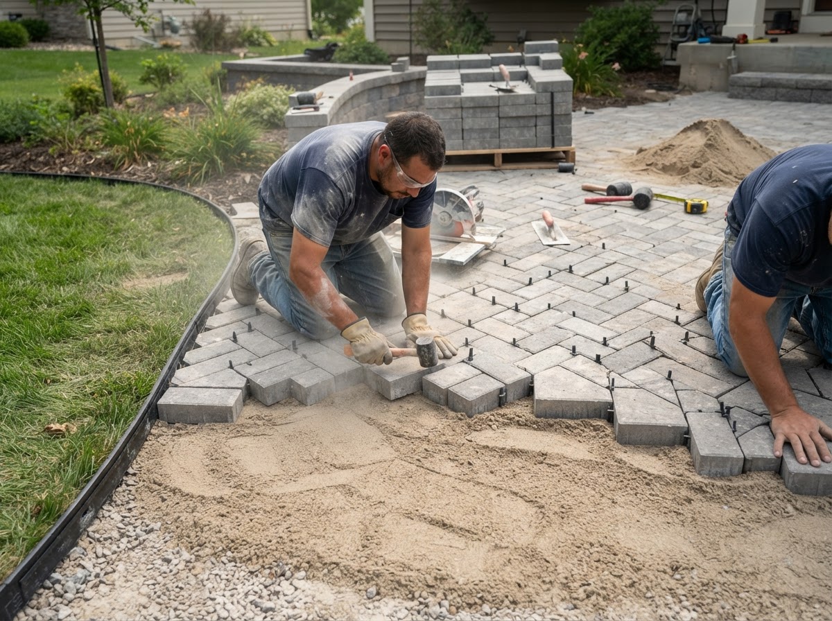Concrete pavers being installed on a prepared patio base in Medway