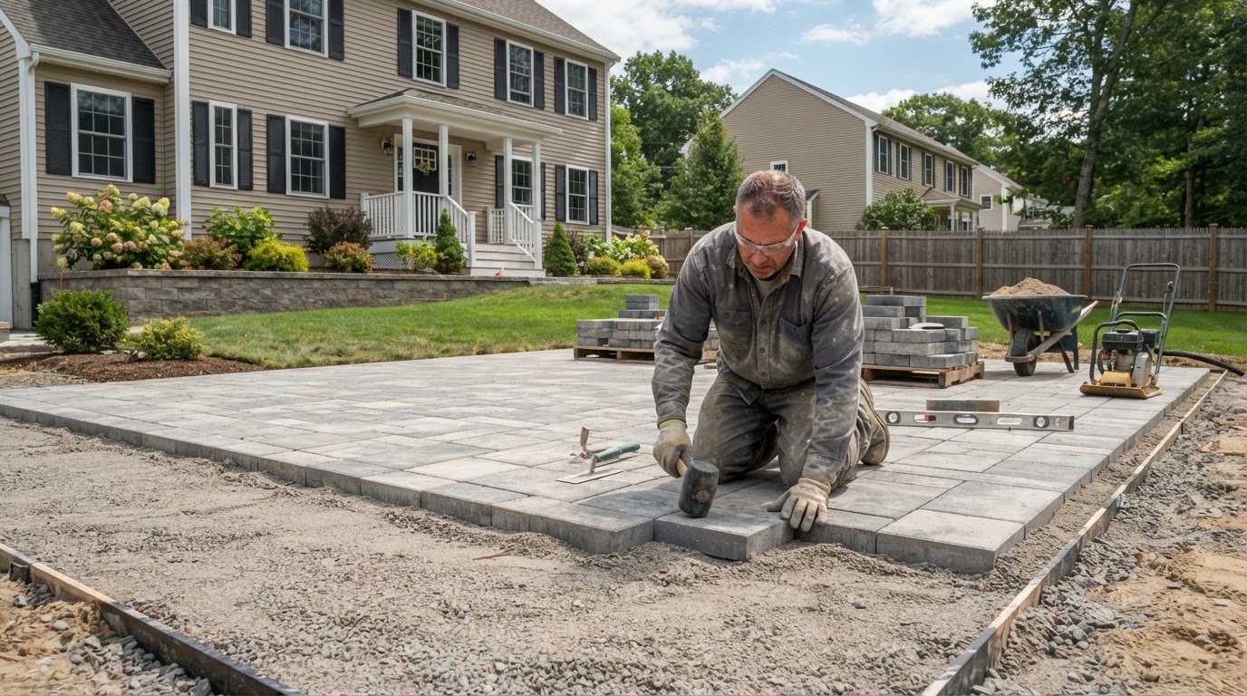 Patio installation at a residential property in Franklin Massachusetts