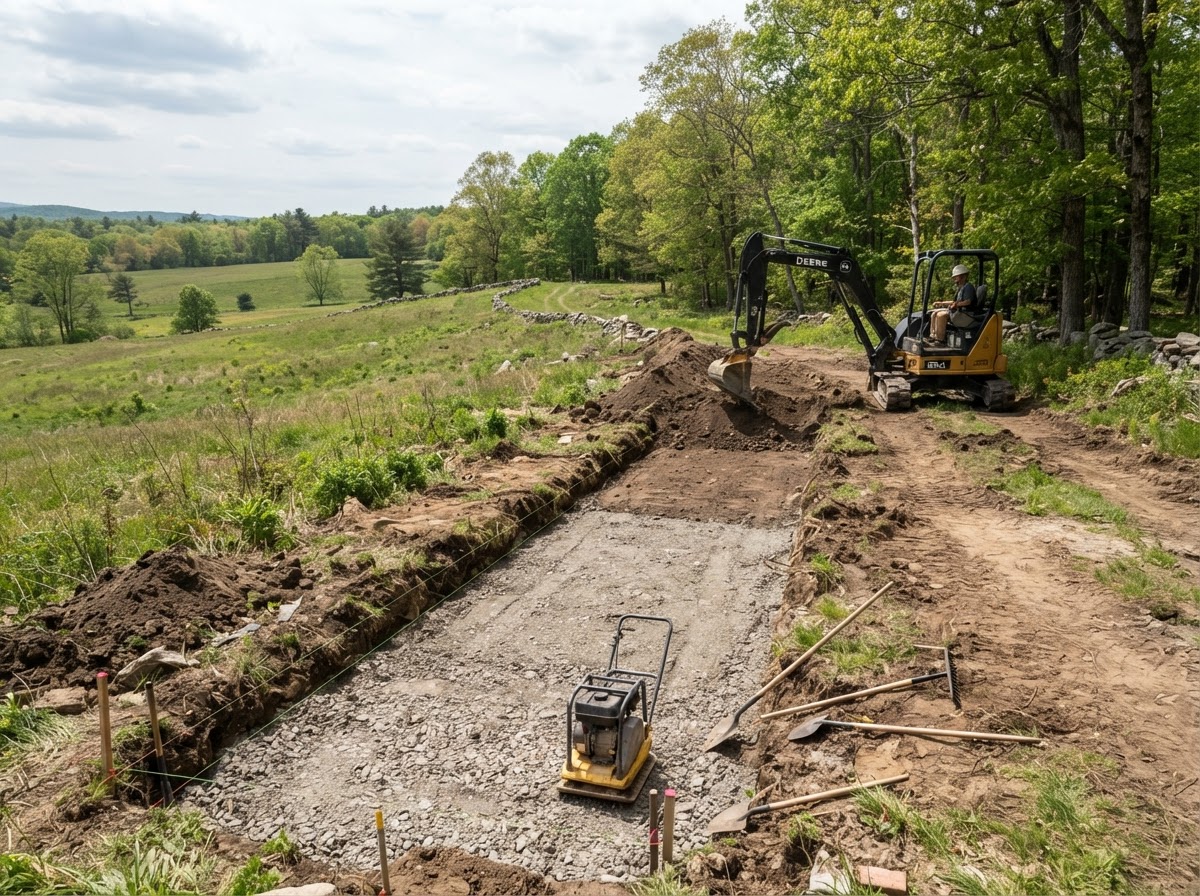 Base and grade preparation for a stone wall on a larger rural lot in Mendon MA
