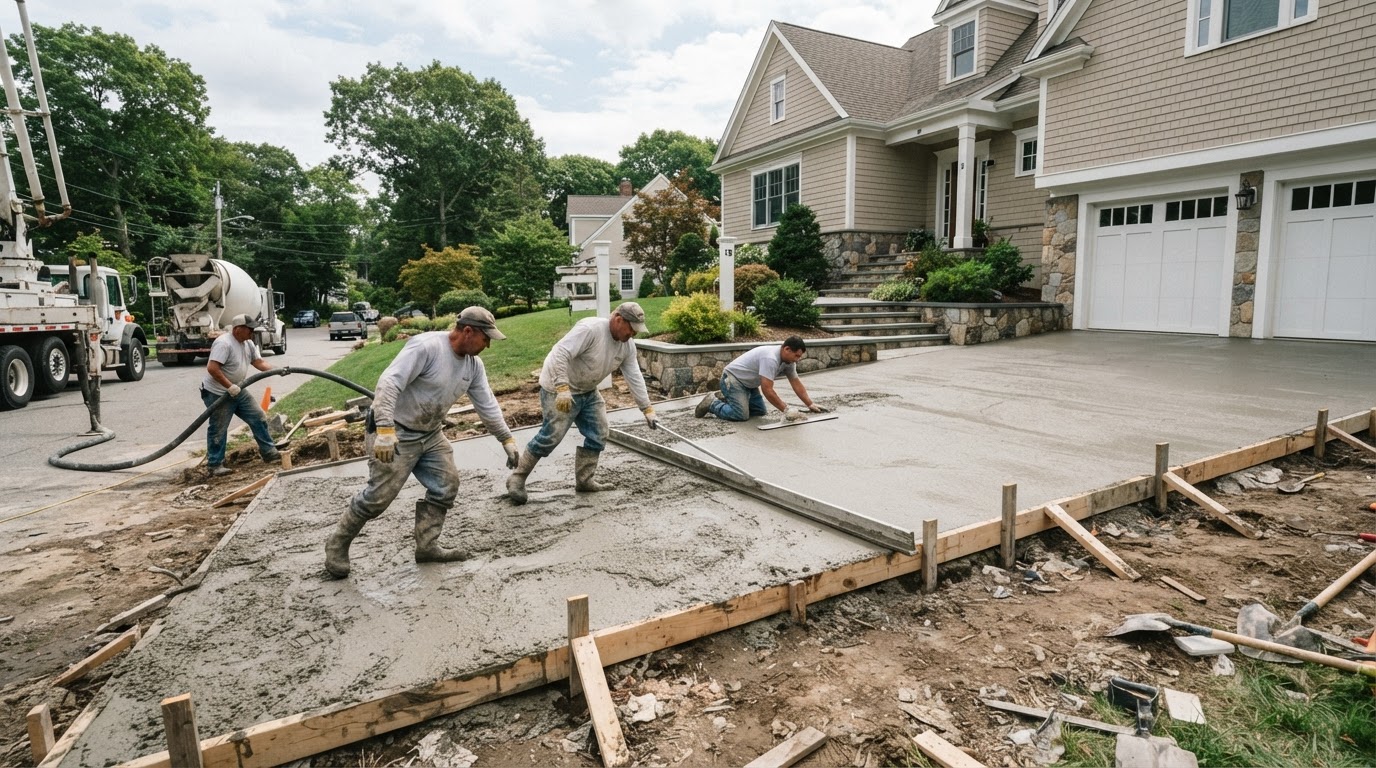 Concrete driveway installation in Milford Massachusetts
