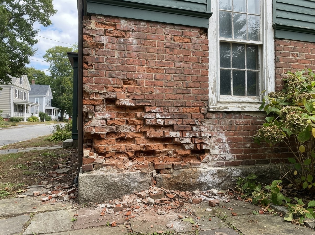 Spalled older brick on a historic Hopedale Massachusetts residence requiring masonry repair