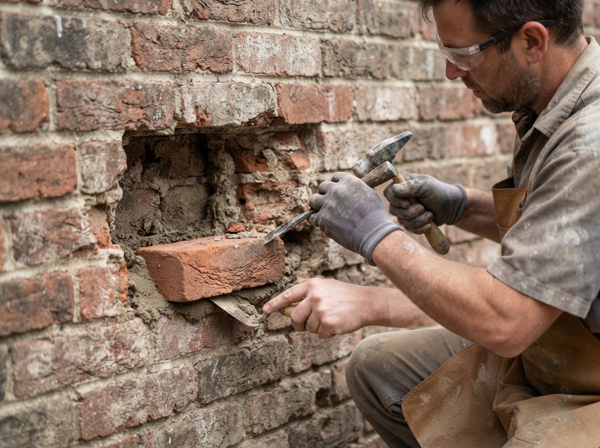 Damaged brick replacement during masonry repair