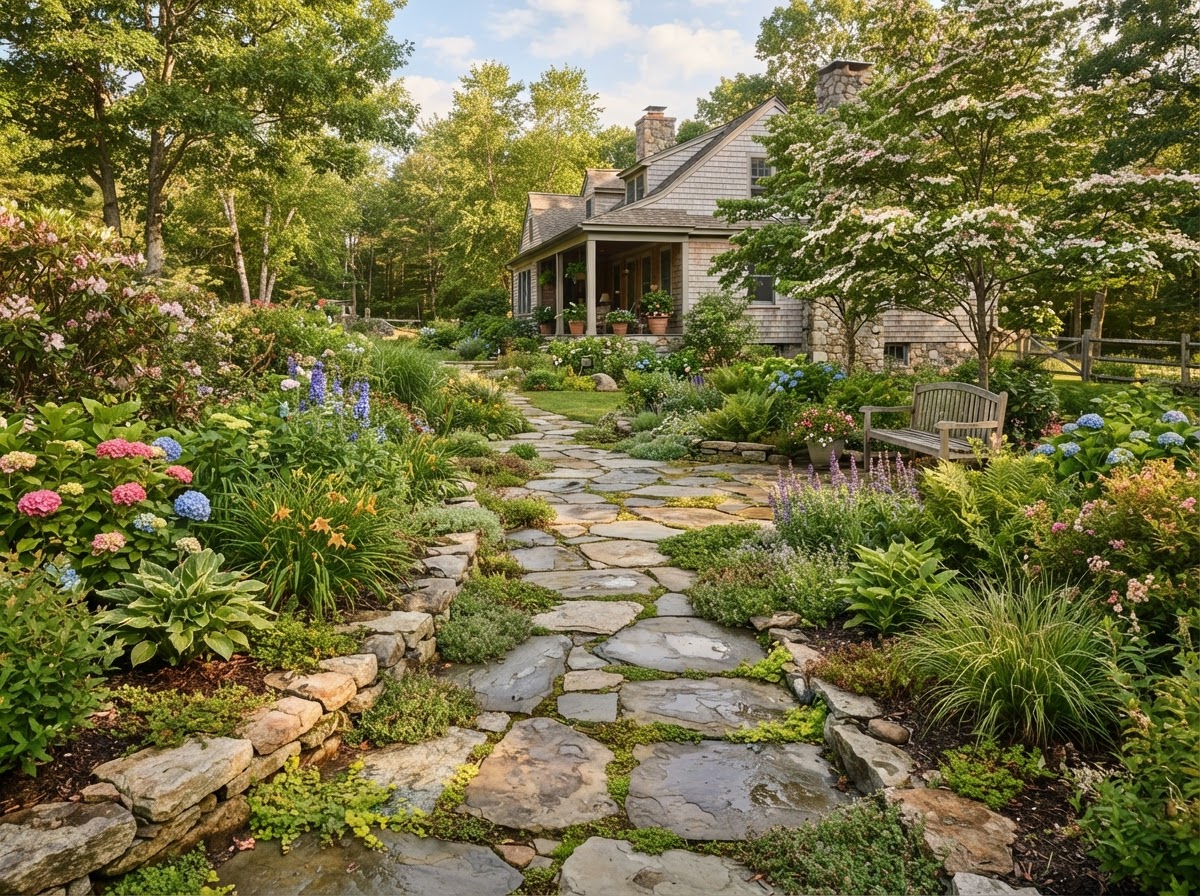 Natural stone walkway through a Massachusetts residential landscape