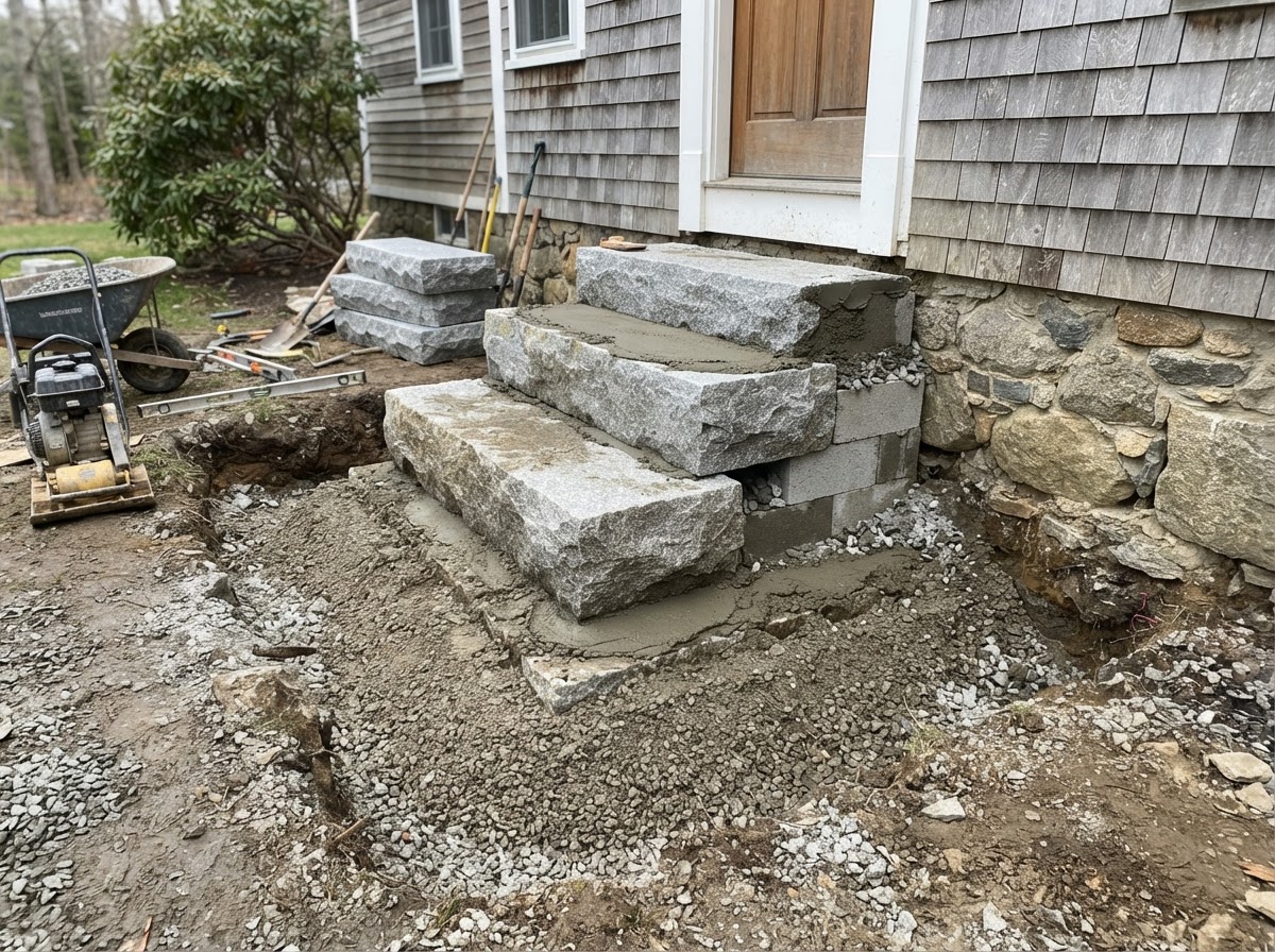 Base and support preparation for granite natural stone steps at an Upton area home