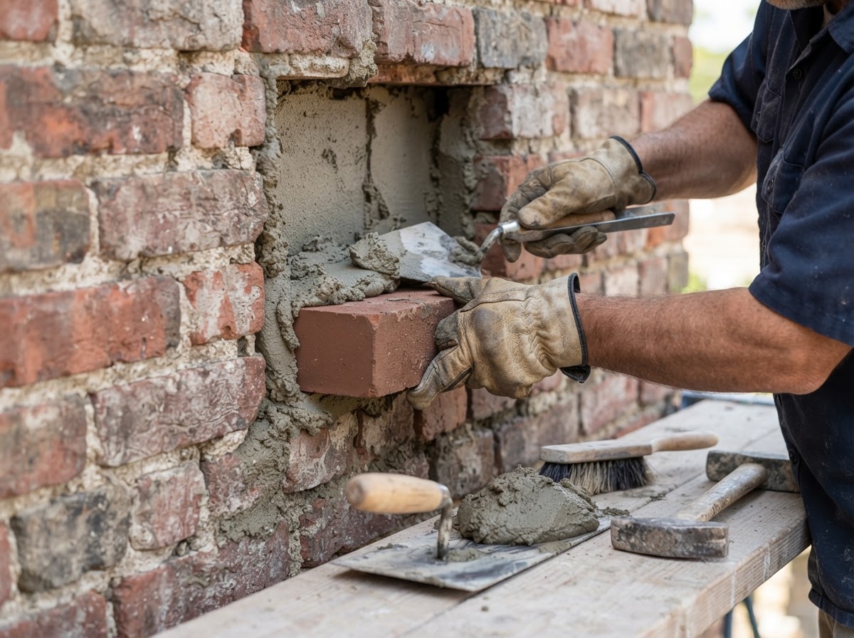 Replacement brick being installed with new mortar joints in Medway
