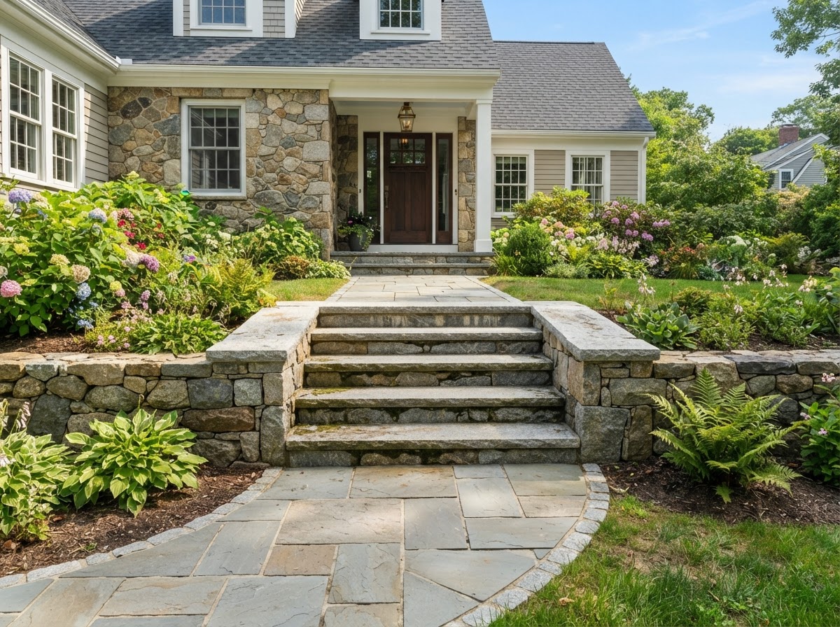 Finished stone steps connecting to a residential masonry walkway