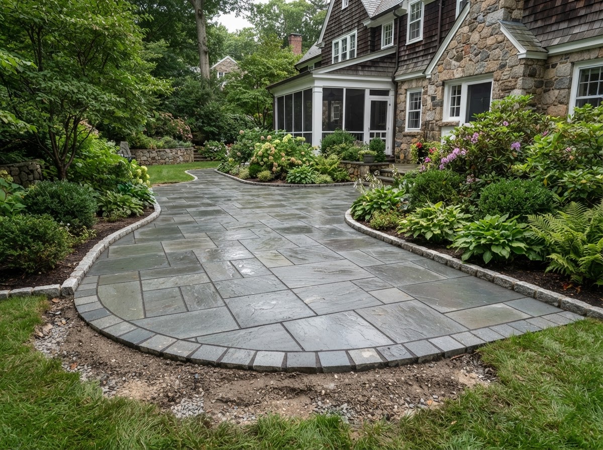 Bluestone patio installation at a Hopkinton area home