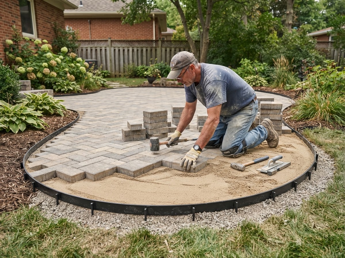 Concrete pavers being installed on a prepared patio base