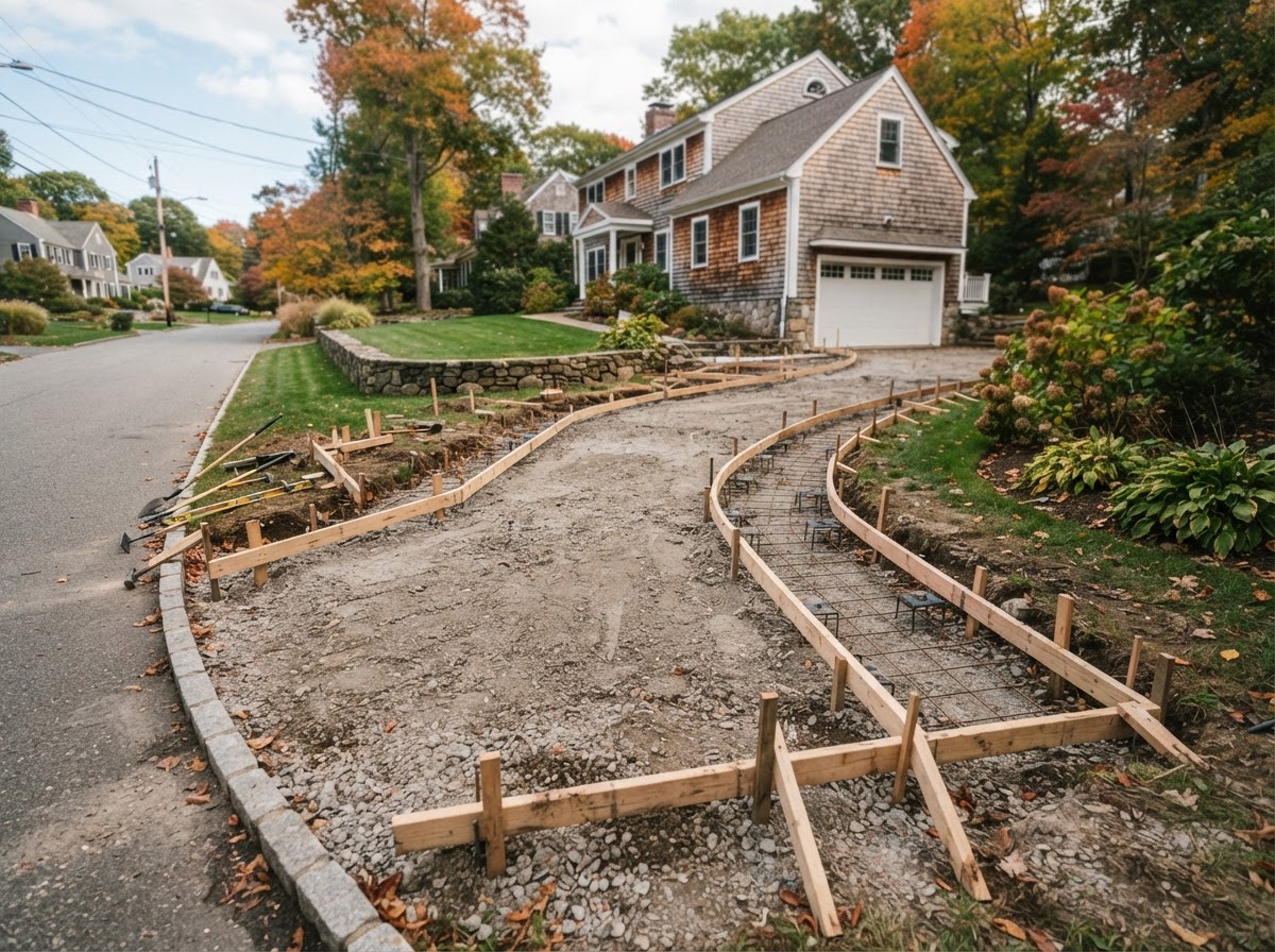 Concrete forms set and prepared for residential driveway flatwork in Bellingham