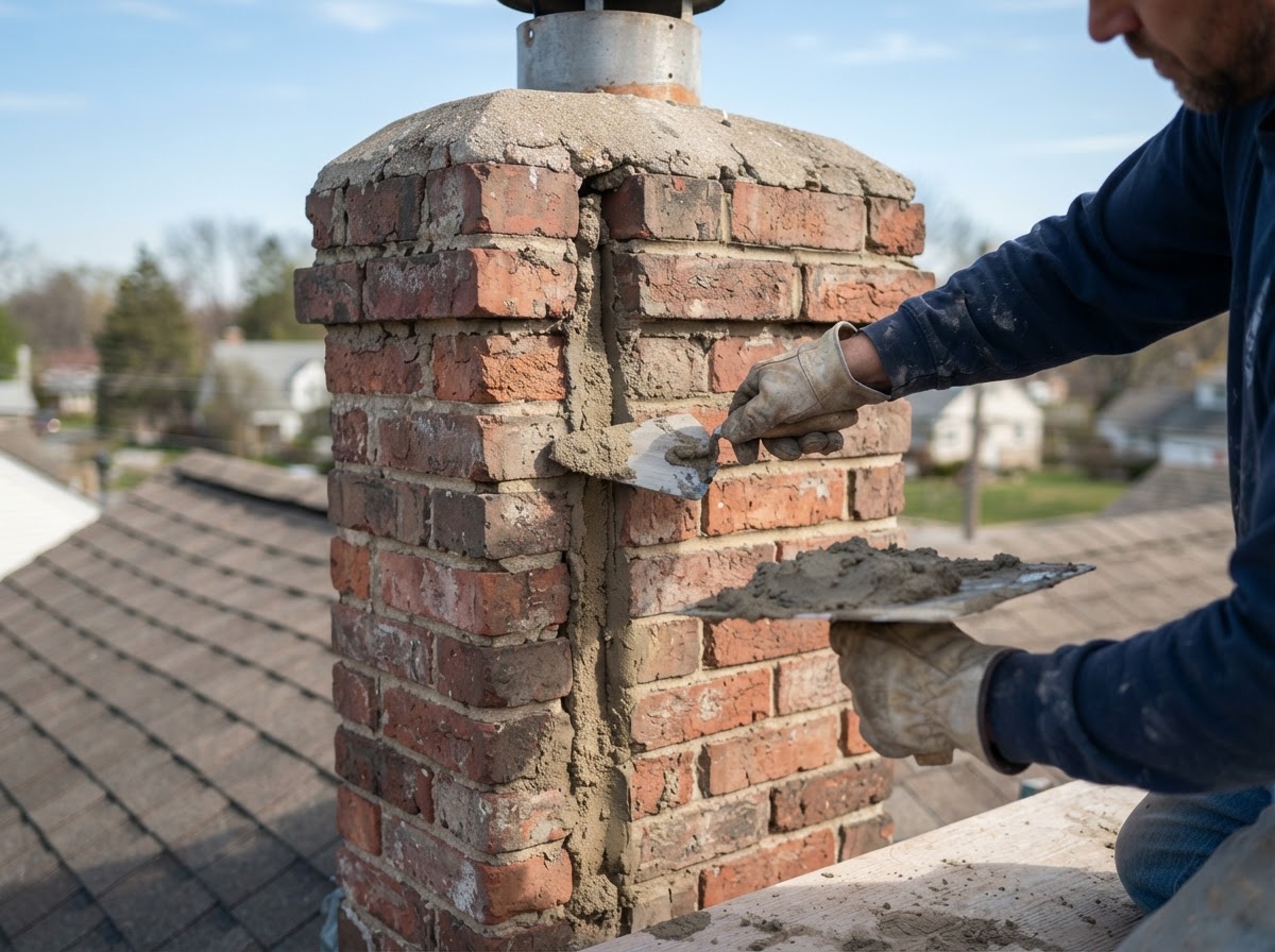 Chimney mortar joint repair on a Franklin area home